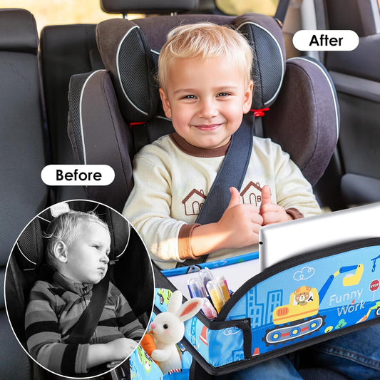 Kids Travel Tray, Kids Travel Trays for Car Seat, Road Trip Essentials for Toddler, Carseat Lap Tray with Dry Erase Board & Storage Organizer for Road Trip Activities for Kid, Light Blue