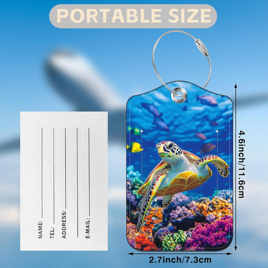 2 Pcs Sea Turtle Luggage Tags for Suitcases PU Leather Baggage Tags Name ID Label with Privacy Cover and Stainless Steel Loop for Men Women Travel Bag Suitcase