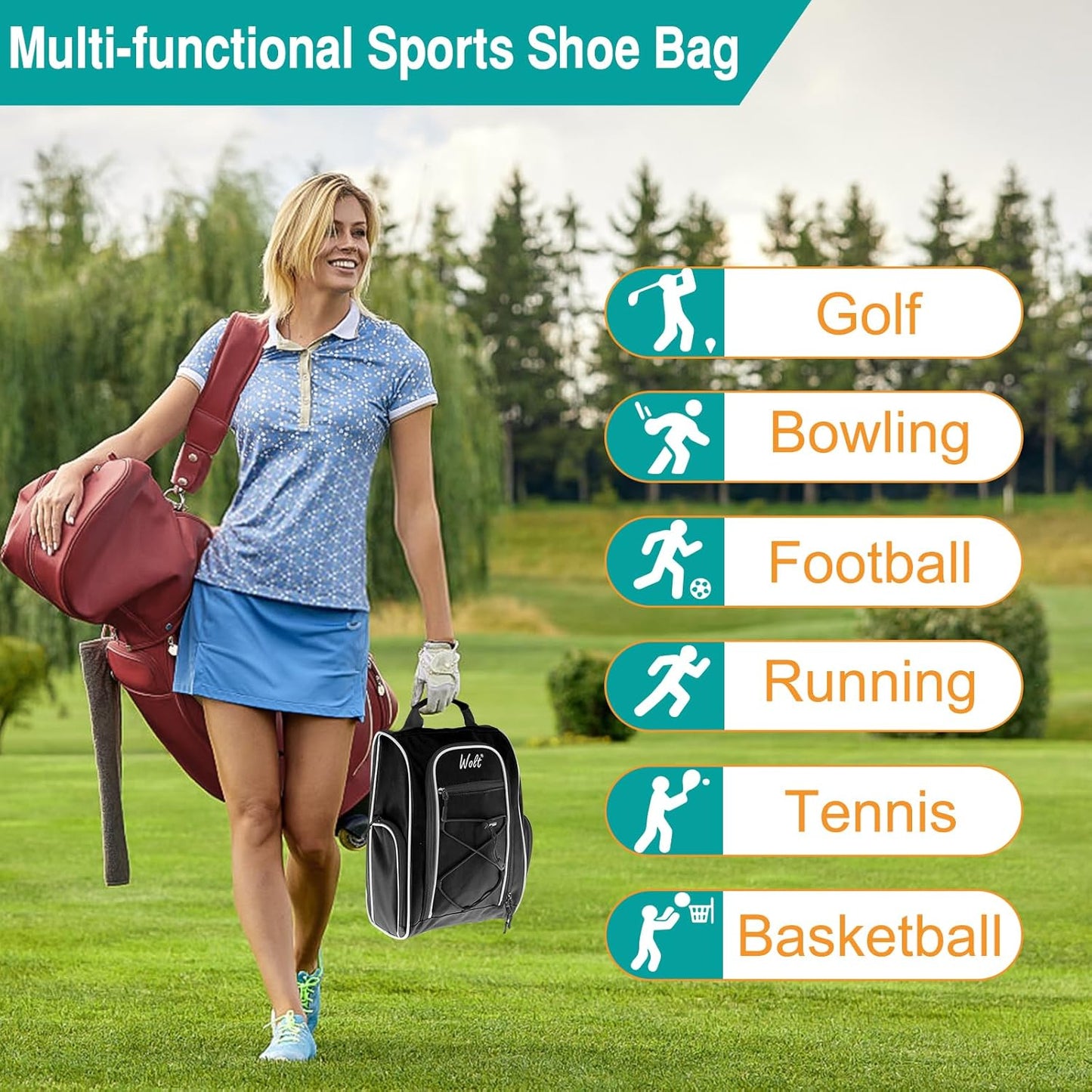 Wolt 2 Pcs Golf Shoe Bag for Travel- Zippered Shoes Carrier Bags with Ventilation & Double Outside Accessory Pocket for Socks, Tees, Golf Balls, etc. for women and men (Black+Pink)