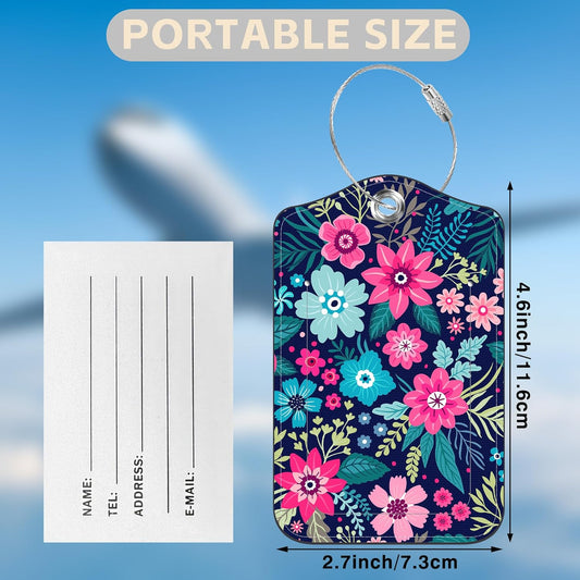 2 Pcs Colorful Flowers and Leaves Luggage Tags for Suitcases PU Leather Baggage Tags Name ID Label with Privacy Cover and Stainless Steel Loop for Men Women Travel Bag Suitcase