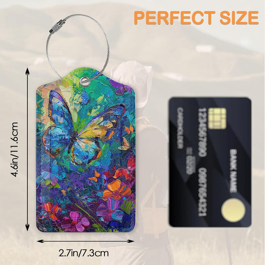 Abstract Colorful Butterfly 3 PCS PU Leather Luggage Tags for Suitcase, Luggage Tag with Privacy Flap, Name ID Label and Metal Loop for Women Men Baggage Handbag School Bag Backpack