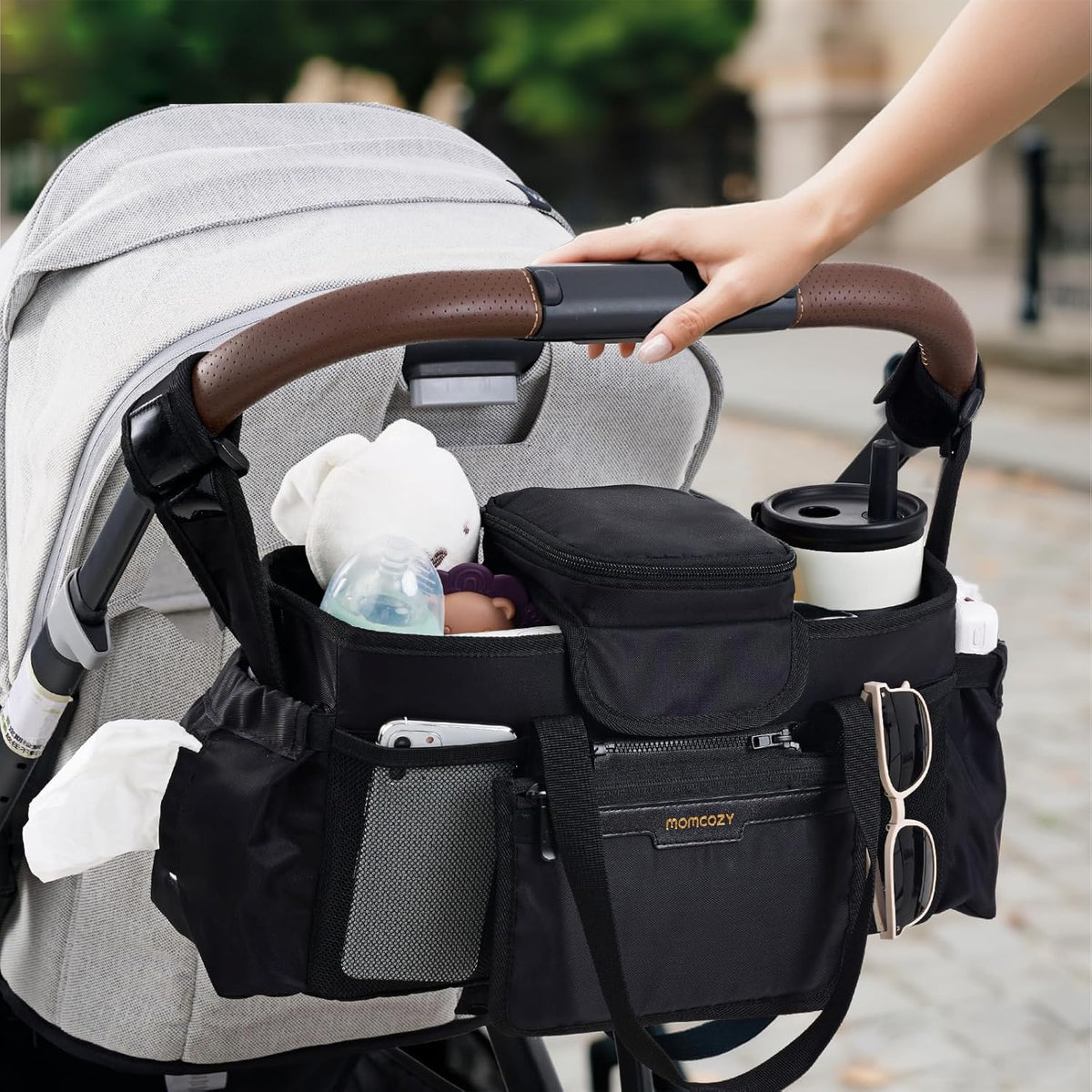 Momcozy Extra Large Stroller Organizer Max | with Food Grade Pacifier Teether Bag | 2 Insulated Cup Holder | Silicone Anti-Slip Straps | 3-Way Usage | Detachable Small Pouch | for UPPAbaby/Doona