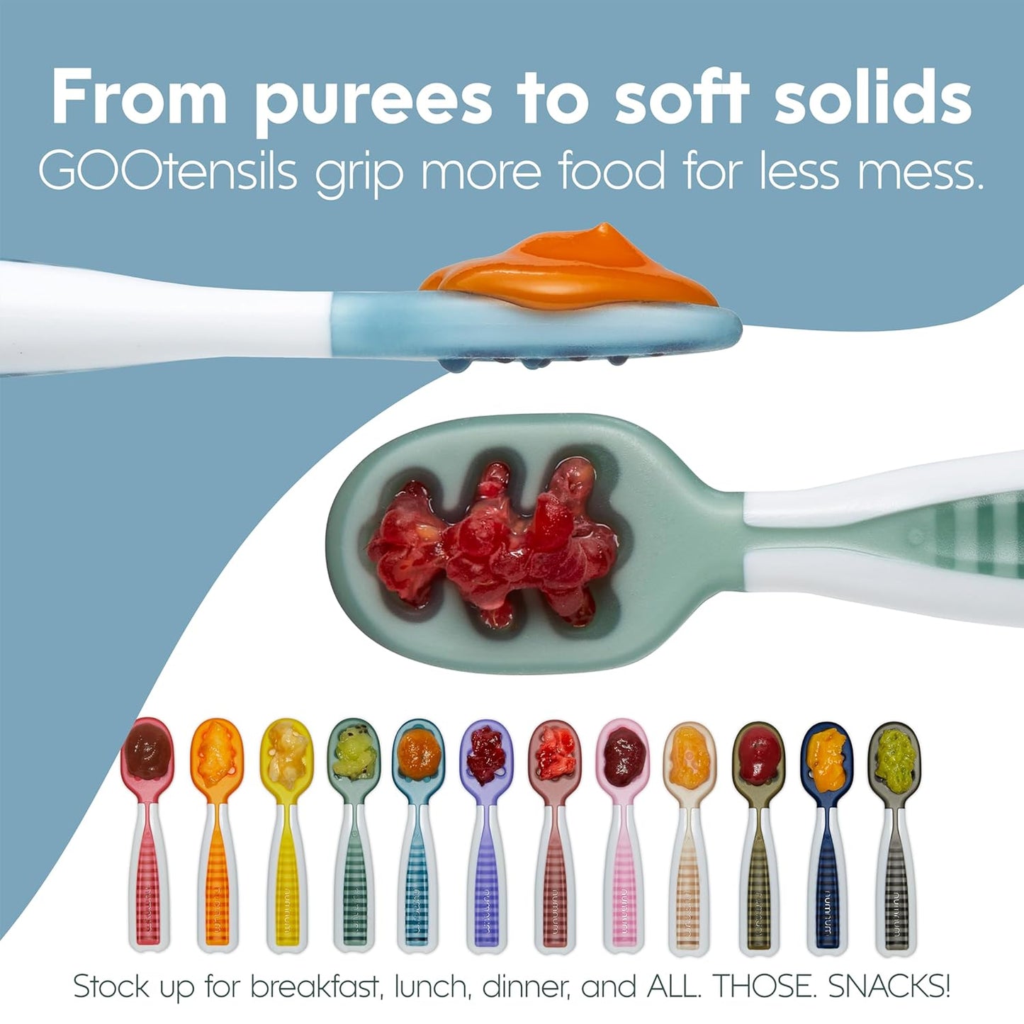 NumNum Baby Spoons Set, Baby Essentials Pre-Spoon GOOtensils for 6+ Months, First Stage Self-Feeding Spoons for Baby Led Weaning (BLW), Silicone Toddler Utensils, BPA-Free, 2 Pack Gray/Green