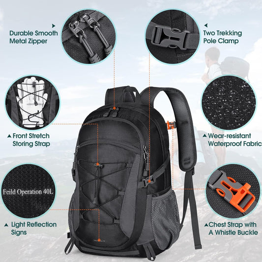 RAINSMORE Hiking Backpack 40L Waterproof Camping Backpack Lightweight Packable Backpack for Women Men Outdoor Travel Daypack