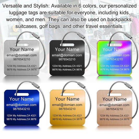 Stainless Steel Personalized Luggage Tags for Suitcases - Custom Name ID Travel Tags for Luggage, Backpacks and Bags - Metal Travel Essentials Accessories for Kids, Women and Men - Bulk Set (3 Pack)