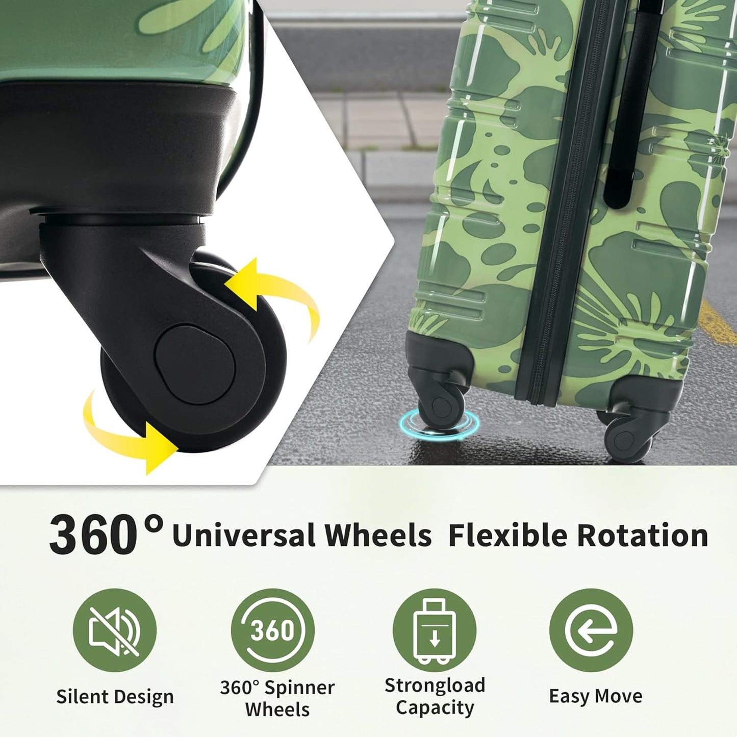 Merax Luggage Sets 3 Piece, Hardside Suitcase Set with Spinner Wheels, Lightweight Printing Luggage Carry on,20+24+28 IN,Green