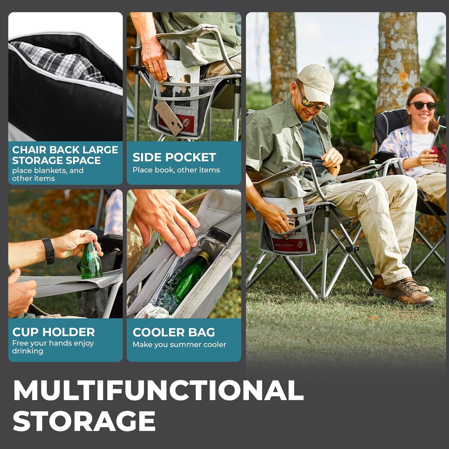 FUNDANGO Folding Camping Chair Heavy Duty, 2 Pack Oversized 440 Lbs Support Outdoor Camp Chairs with Lumbar Support & Cooler Pocket for Fishing Backyard Sports Beach Garden (Black/Grey)