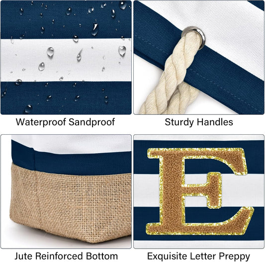 Becokan Beach Bag Initial Beach Tote with Makeup Bag for Travel Work Storage Personalized Birthday Gifts for Women Her