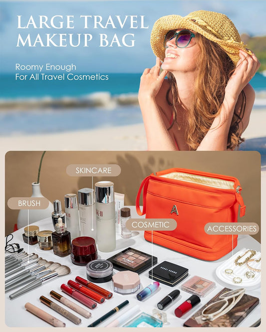 Initial Makeup Bag, Daughter Gifts, Personalized Double Layer Cosmetic Bag with Makeup Brush Organizer, Waterproof, Large Capacity PU Leather Travel Toiletry Bag Cute Things for Girls