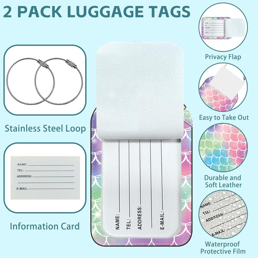 2 Pack Cute Luggage Tag for Suitcases Tie-dye Fish Scale Leather Luggage Tags with Stainless Steel Loop Privacy Flap Name Tags,Men and Women Travel Bag Suitcase Tags