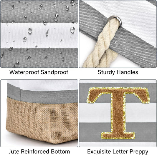 Becokan Beach Bag Initial Beach Tote with Makeup Bag for Travel Work Storage Personalized Birthday Gifts for Women Her