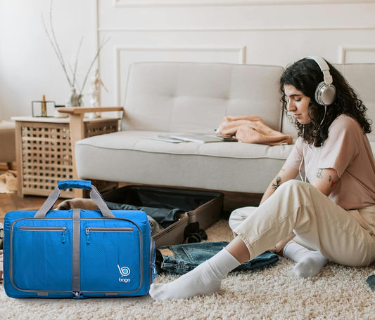 Bago Foldable Duffel Bags for Traveling Women & Men - 40L Sports Packable Duffle Bag for Travel with Shoe Compartment - Water Repellant, Heavy Duty, Lightweight Folding & Collapsible (Blue)