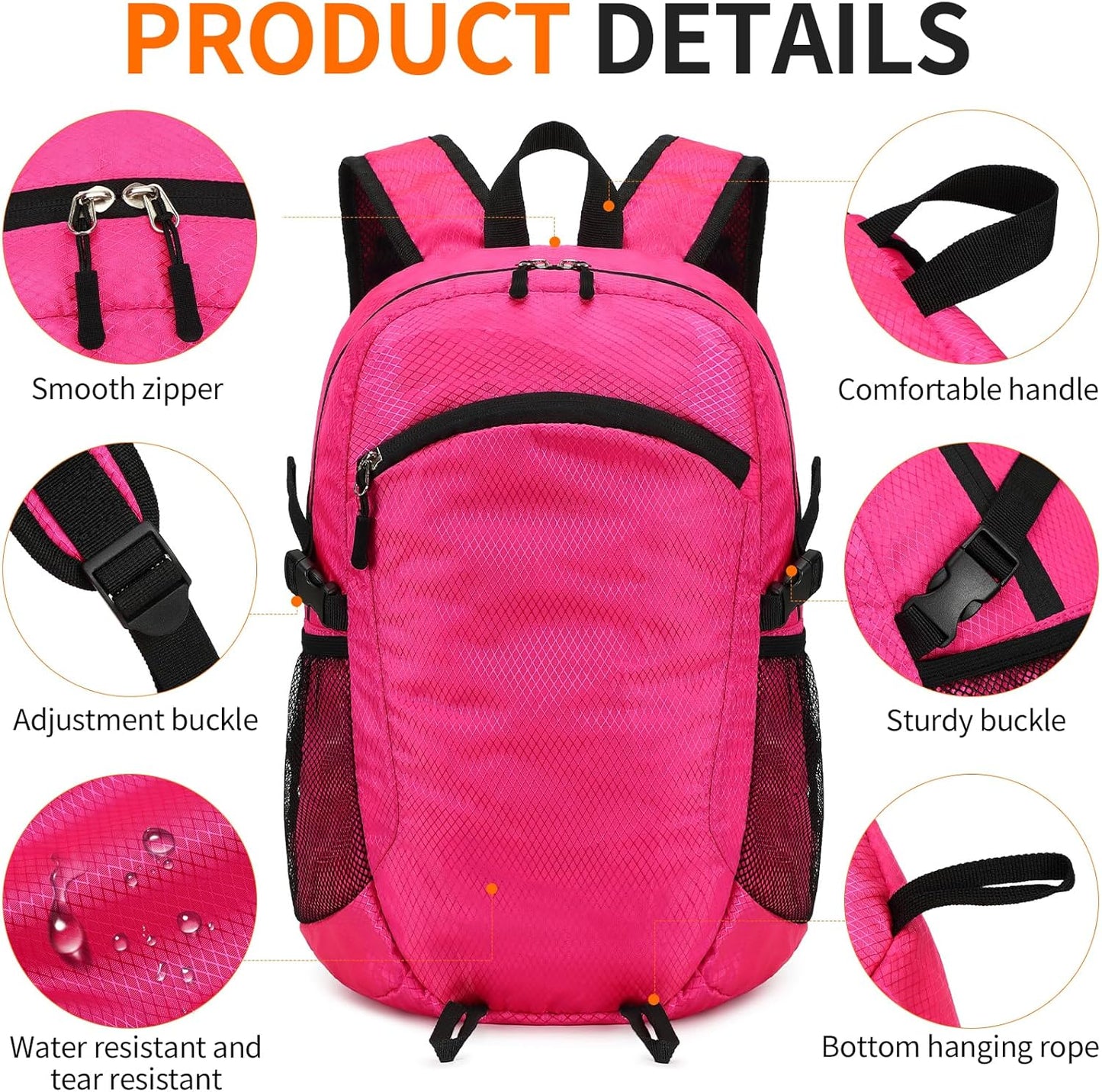 Small Hiking Daypack,15L Waterproof Hiking Backpack Packable Lightweight Travel Day Pack for Women Men (Pink, Small)