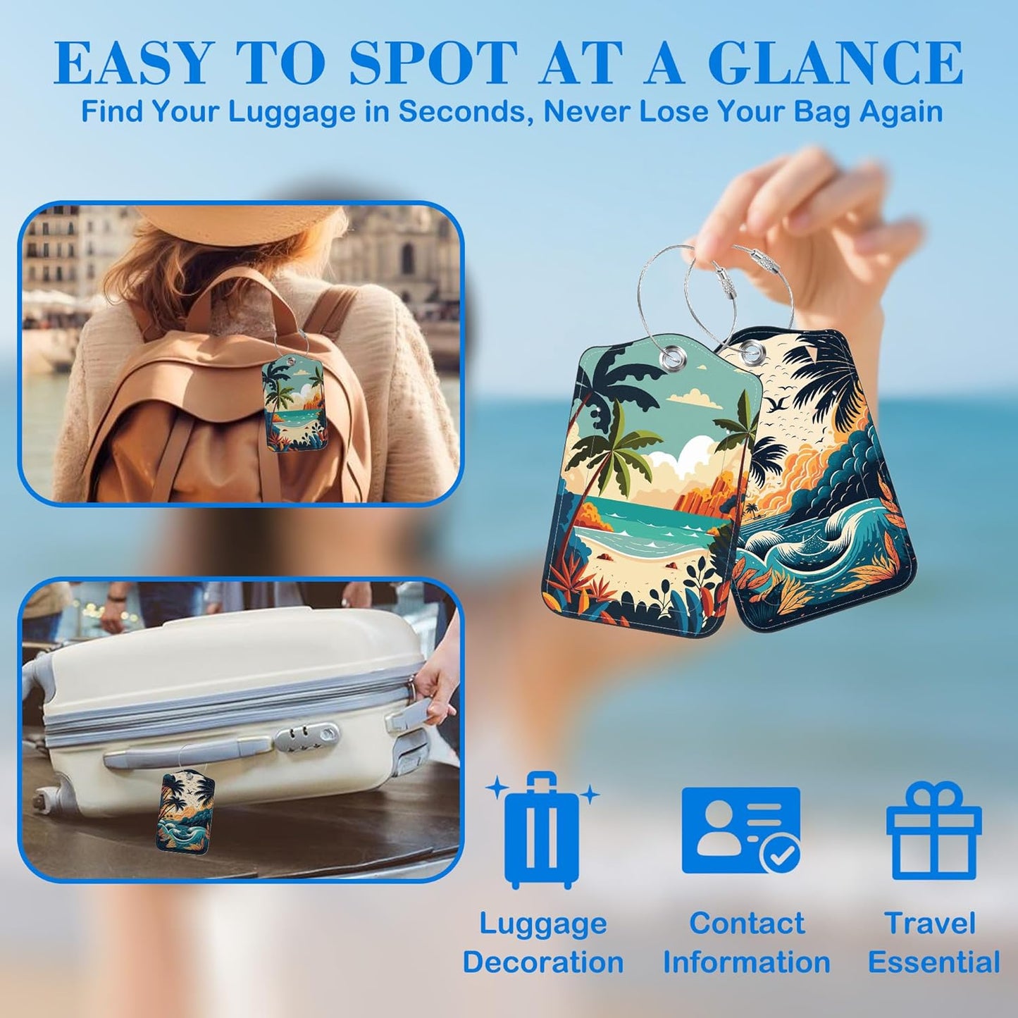 Tropical Beach at Sunset Luggage Tags for Suitcases Leather Travel Tags for Luggage ID Label with Privacy Cover and Stainless Steel Loop for Men Women Suitcase Backpack, Set of 2