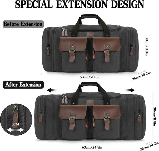 Canvas Duffle Bag for Men 50L Travel Duffel Bags Expandable Genuine Leather Overnight Weekender Carry On Bag Two Zipper Pockets Travel Bag (Black, Large-50L)