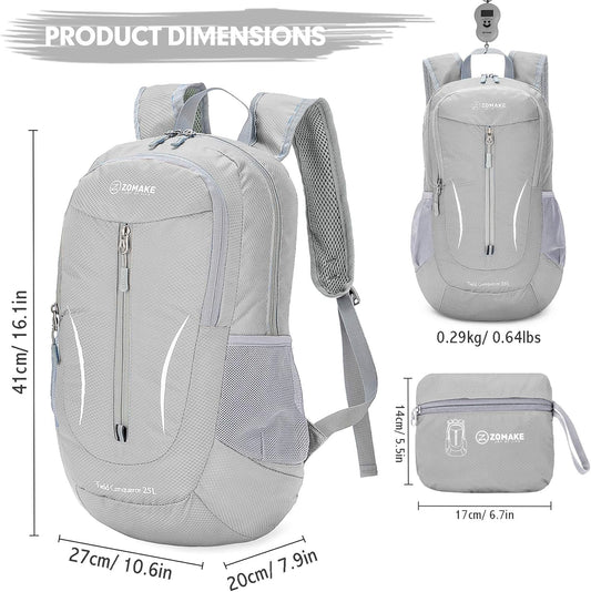 ZOMAKE Ultra Lightweight Packable Backpack 25L, Foldable Hiking Backpacks Water Resistant Small Folding Daypack for Travel(Sliver Grey)