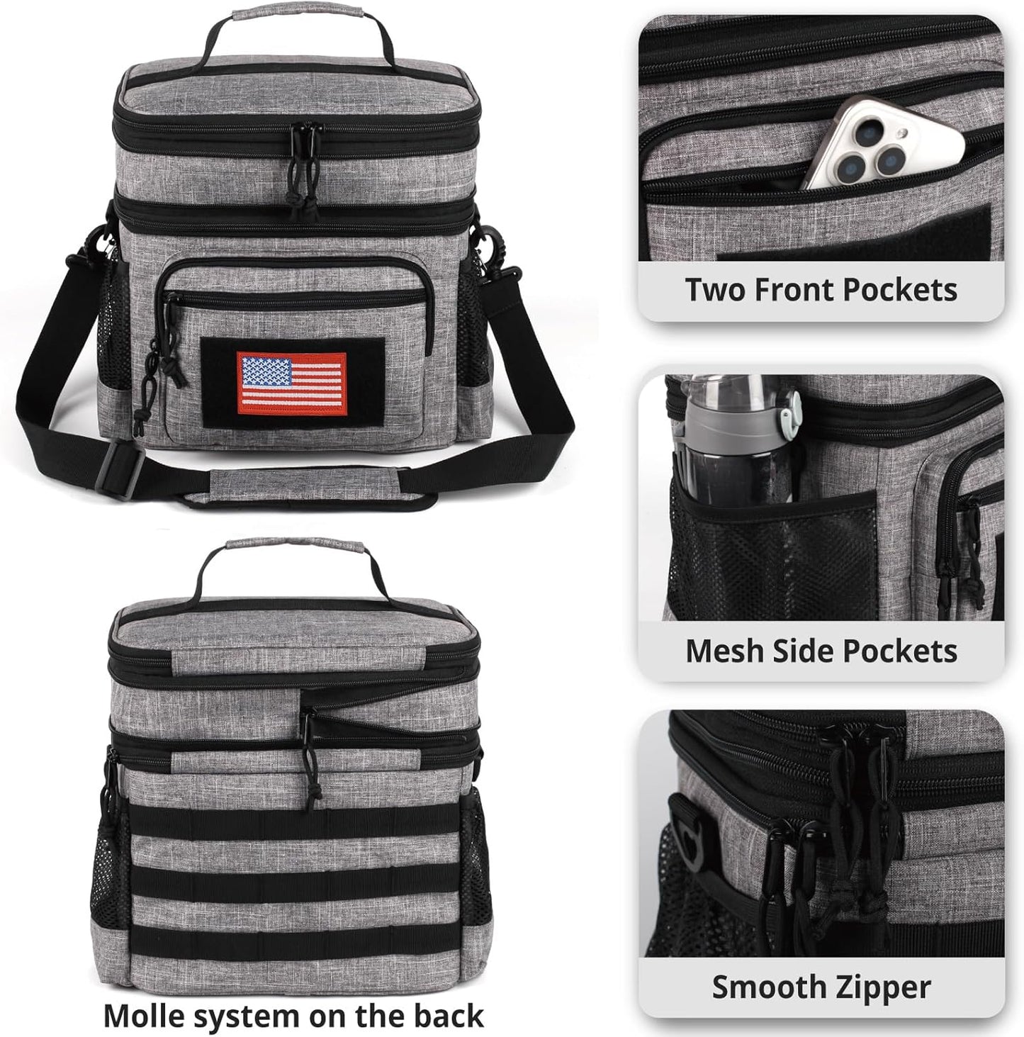ATRIPACK Lunch Bag for Men, Double Deck Tactical Lunch Box Work with Shoulder Strap MOLLE Webbing Large Lunch Cooler Leakproof Insulated (Grey)