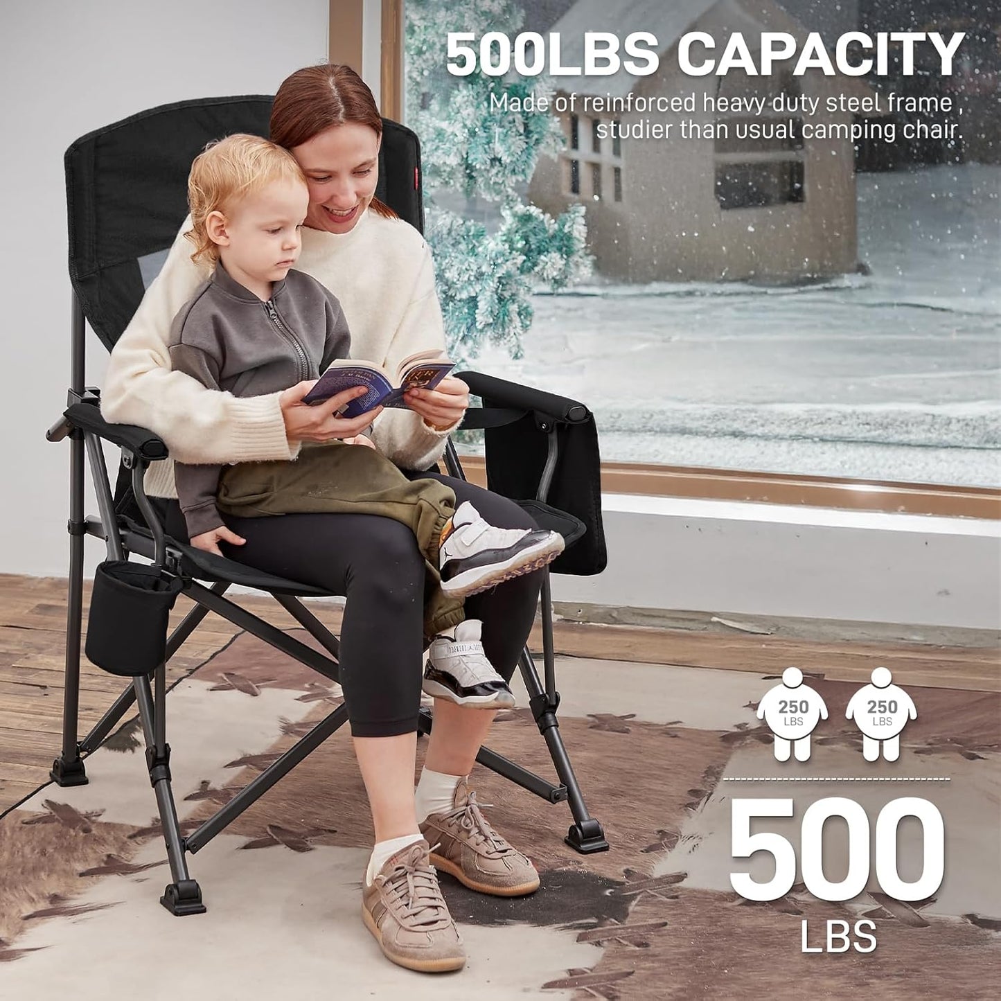 EVER ADVANCED Heated Oversized Foldable Camping Chair for Adults with Adjustable Lumbar Support, Heavy Duty Chair with Side Pockets, Heated Portable Collapsible Quad Chair for Outside, Support 500lbs