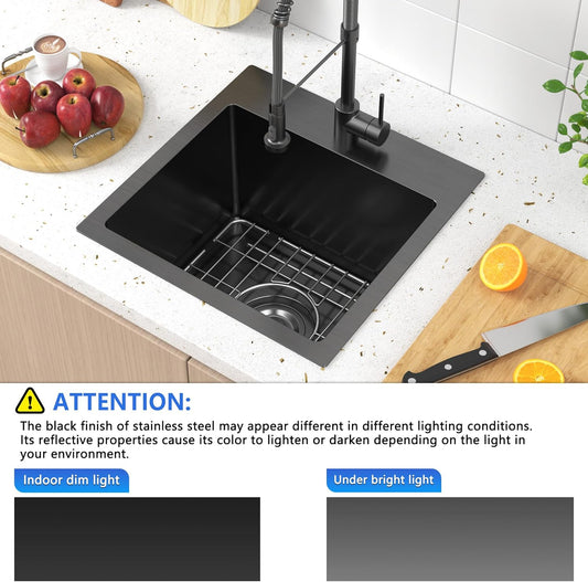 15 x 15 inch Drop in Bar Sink Black, Gunmetal Black Bar Sink 18 Gague Topmount Single Bowl Small Kitchen Sink with Basket Strainer Drain & Bottom Grid