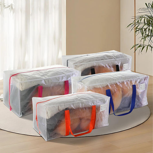 8 Pack Heavy Duty Extra Large Moving Bags with Multicolor Handles, Waterproof Foldable Storage Totes, Clothing Storage Bags, Packing Moving Boxes for College Supplies & Seasonal Storage, Clear