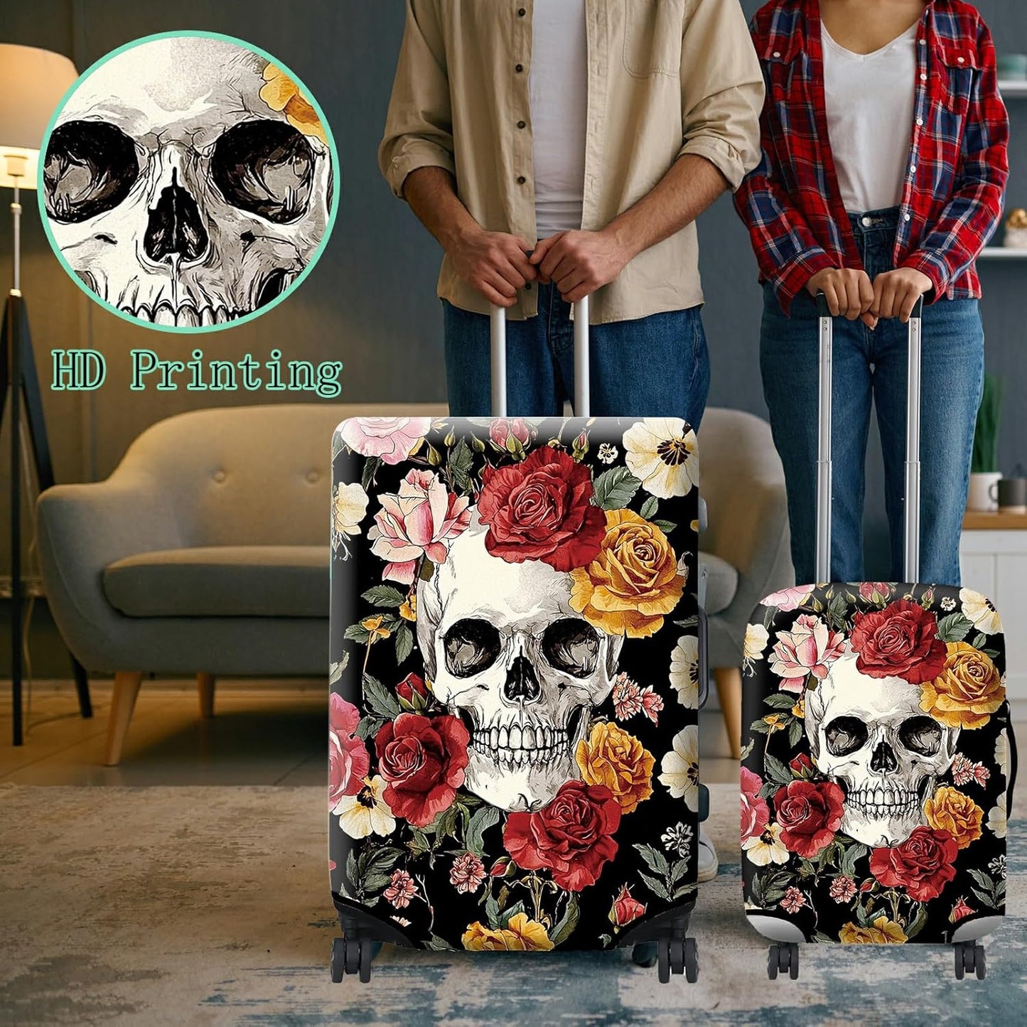 Luggage Cover Suitcase Protector Plus 1 Luggage Tag, Sugar Rose Skull Travel Suitcase Cover for 26-28 inch Luggage (L) with Concealed Zipper Washable Elastic Cloth Dustproof Anti-Scratch