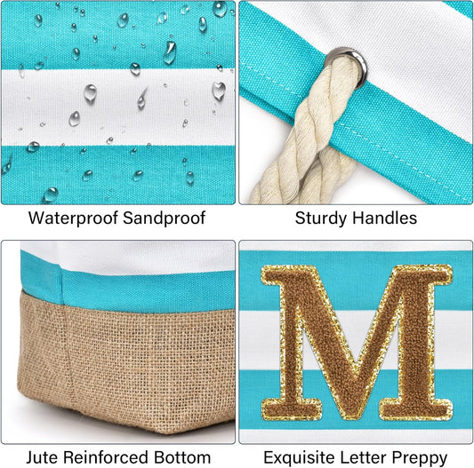 Becokan Beach Bag Initial Beach Tote with Makeup Bag for Travel Work Storage Personalized Birthday Gifts for Women Her