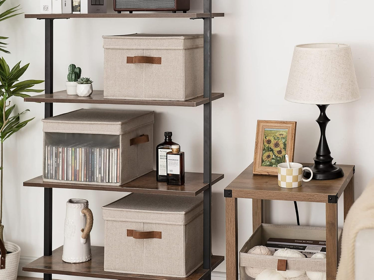 StorageWorks Storage Bins with Lid and Clear Window, Fabric Storage Boxes with Lids, Stackable Basket for Shelves, Closet Organizer and Storage Bins, Brown and Beige, Large, 4-Pack