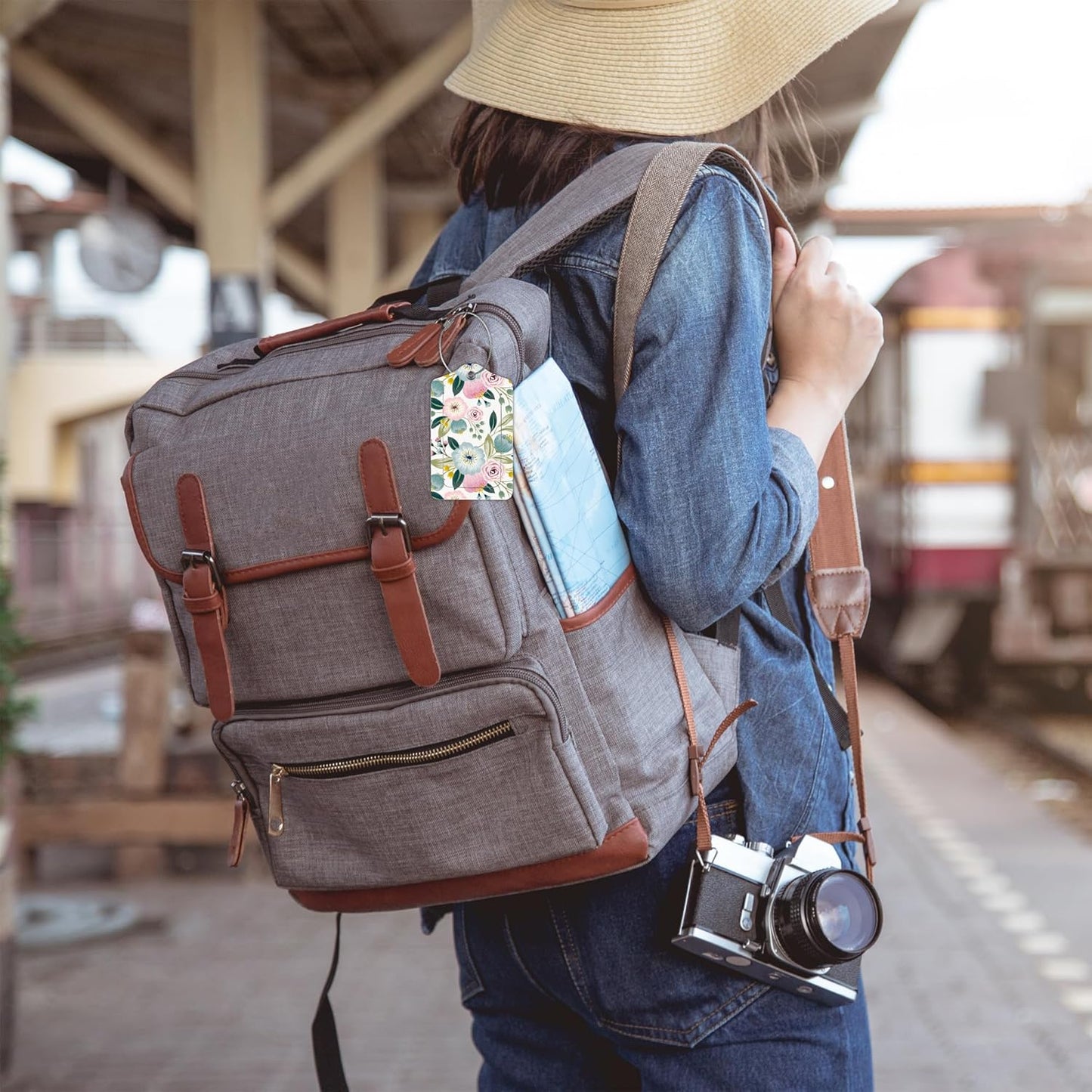 2 Pack Luggage Tag for Suitcase,Lovely Floral PU Leather Suitcase Tags Identifiers with Privacy Name Address Labels and Durable Steel Loop for Women Men Travel