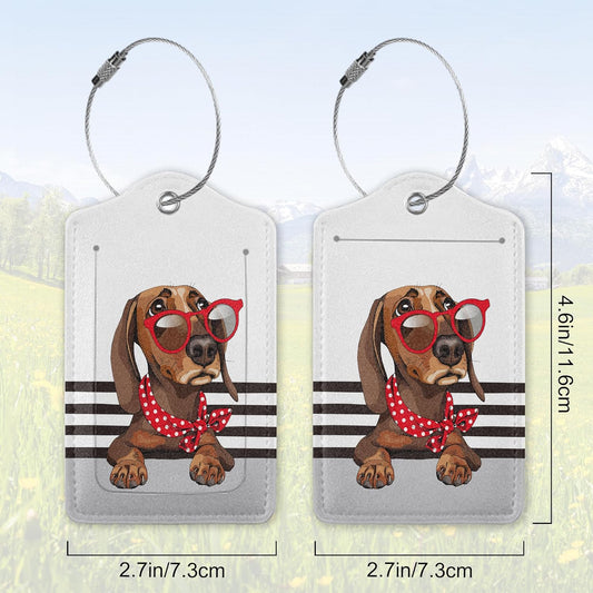 2 Pack Leather Luggage Tag for Suitcase Cool Dachshund Cute Animal Unique Travel Tags with Privacy Cover ID Label & Stainless Steel Loop for Men and Women Baggage