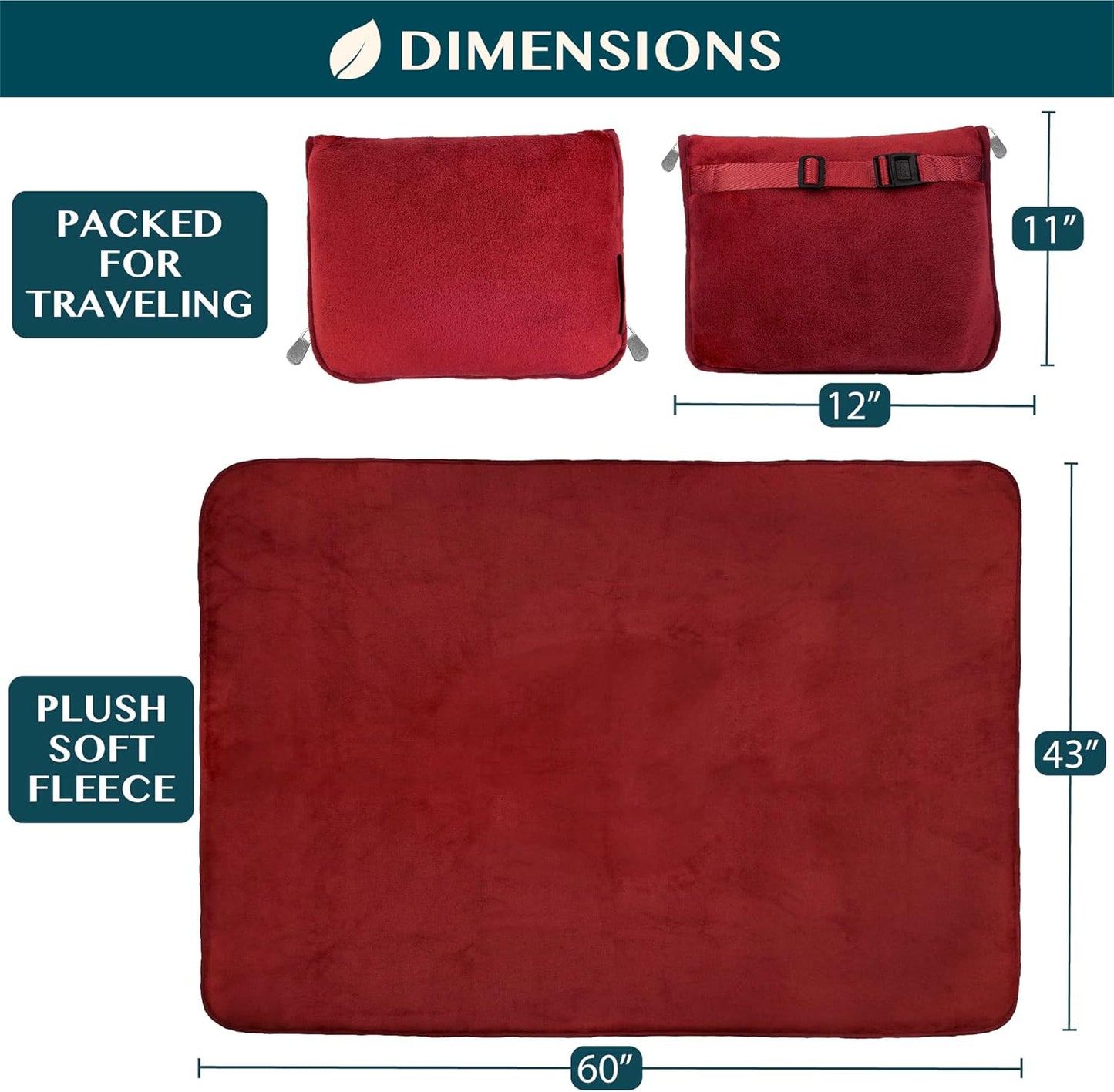 PAVILIA Travel Blanket Pillow, Soft Airplane Blanket 2-in-1 Combo Set, Plane Blanket Compact Packable, Flight Essentials Car Pillow, Travelers Gifts Accessories, Luggage Backpack Strap, 60x43 Red