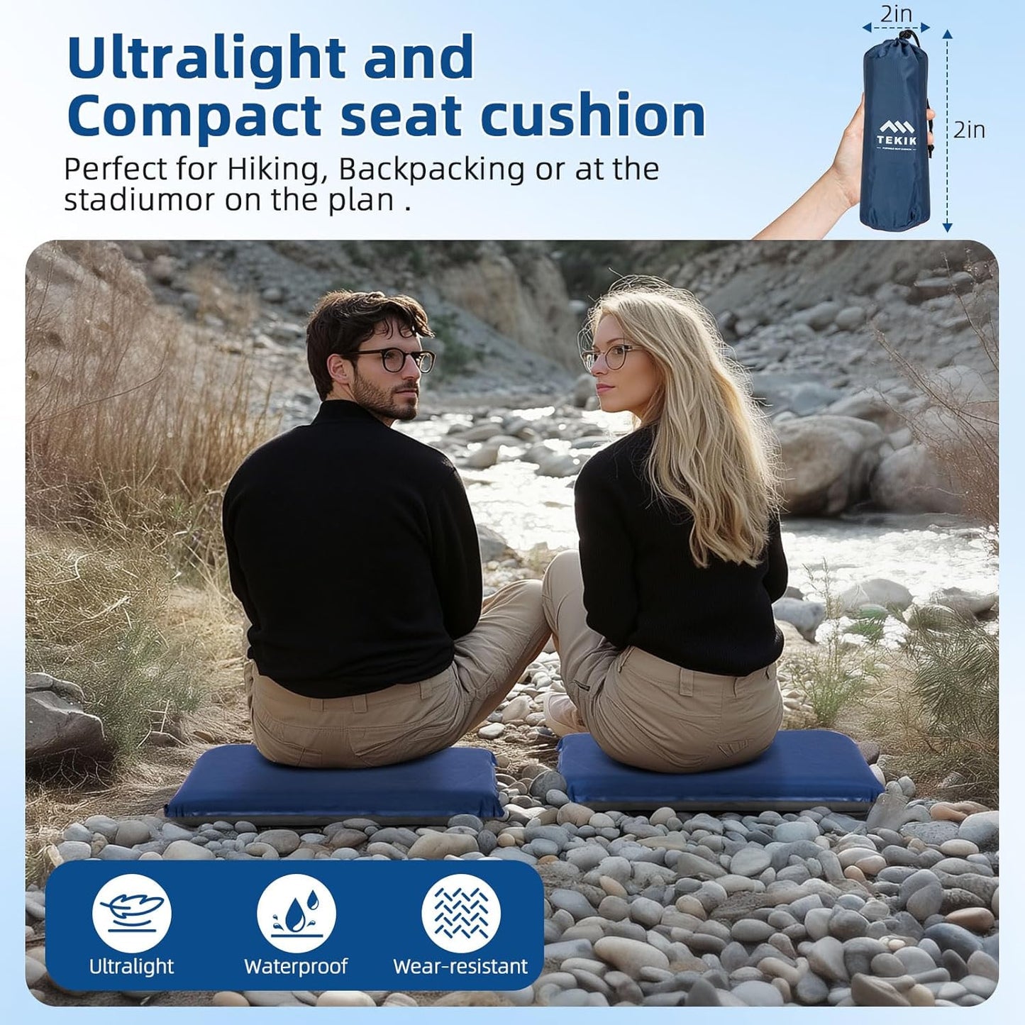 Inflatable Seat Cushion, Lightweight Self-Inflating Memory Foam Seat Cushion for Stadium Camping, Airplane Travel, Bleachers, Waterproof Portable Cushion Chair Pad with Carry Bag (Blue Grey)