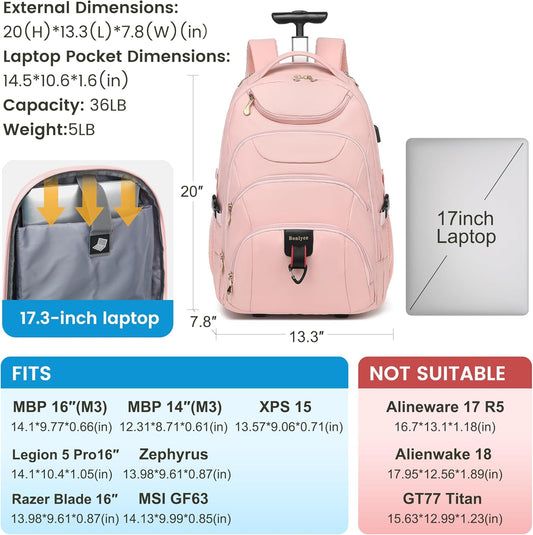 Boavan Rolling Backpack for Women, 17.3 Inch Wheeled Laptop Backpack,Large Travel Carry-On Bag for Teachers College Students, USB Charging Port Waterproof Business for Airplane Overnight Luggage,Pink