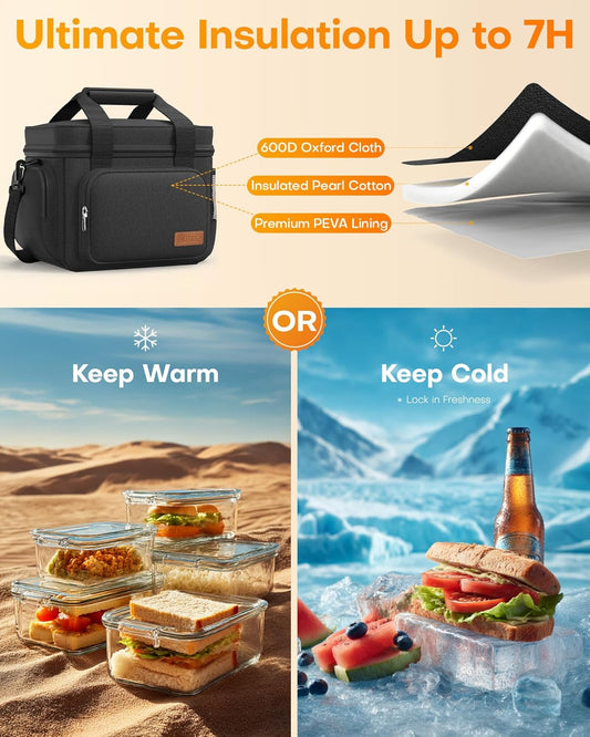 HOTOR Lunch Box for Men and Women - Leak-Proof Insulated Lunch Cooler Bag with Adjustable Strap, Multiple Pockets for Office, Picnic, Hiking, Beach, 1 Layer, 18L, Black, 13.4" x 9.1" x 10.0"