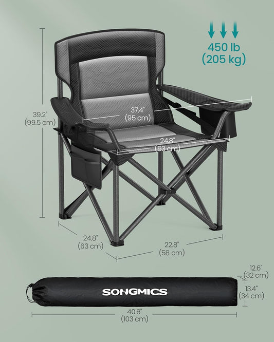 SONGMICS Oversized Lumbar Support Camping Chair, Heavy-Duty Outdoor Folding Chair Comfortable, Padded, Glamping, Cooler Bag, Weight Capacity 450 lb, Ink Black UGCB066B01