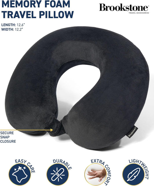 Brookstone Travel Neck Pillow - Lightweight Fleece Casing U-Shaped Stuffable Memory Foam Travel Pillow for Sleeping and Neck Support, Black