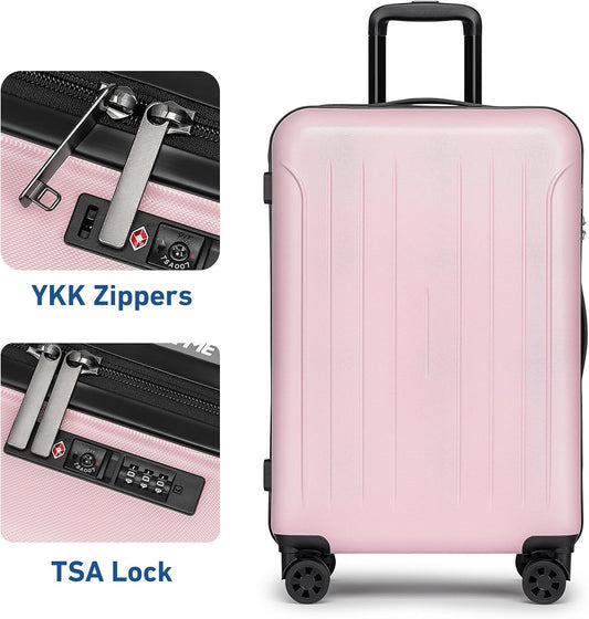 KYME Suitcase Hardshell With Double Spinner Wheels, PC+ABS TSA Lock Travel Luggage (Pink, 24" Checked)