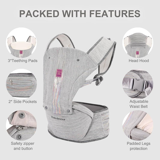 Bebamour Baby Carrier Newborn to Toddler with Hip Seat Baby Carrier Front and Back Carry Carrier with Head Hood, 3 PCS Teething Pads,Storage Bag (Gray-Knit)