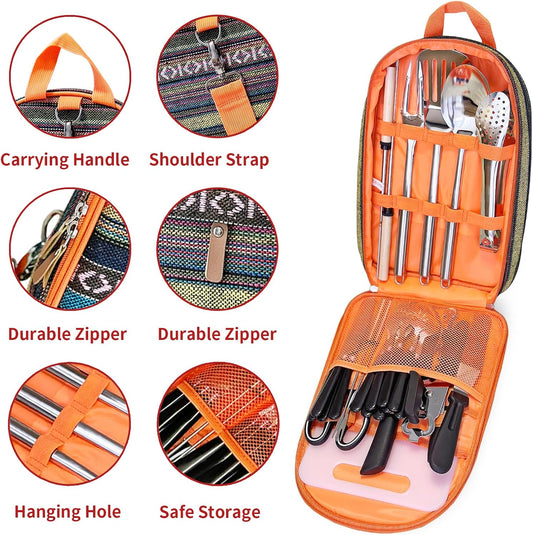 Portable Camping Kitchen Utensil Set-27 Piece Cookware Kit, Stainless Steel Outdoor Cooking and Grilling Utensil Organizer Travel Set Perfect for Travel, Picnics, RVs, Camping, BBQs, Parties and More