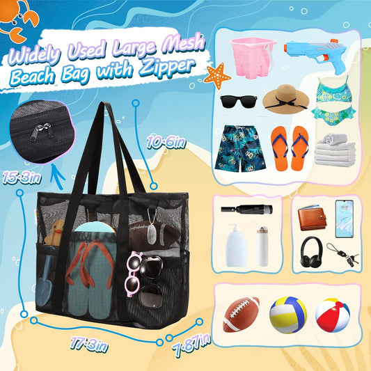 Tagitary Mesh Beach Bag with Zipper Large Beach Tote Waterproof Sandproof with 8 Pockets for Toys Pool Bag Beach Accessories