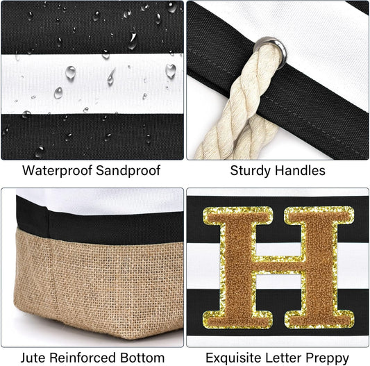 Becokan Beach Bag Initial Beach Tote with Makeup Bag for Travel Work Storage Personalized Birthday Gifts for Women Her