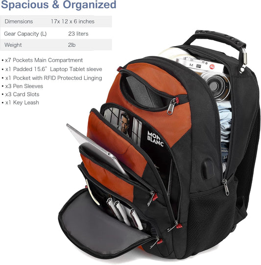 Boavan Laptop Backpack for men, 15.6 inch Laptop Bag with USB Port, Waterproof Travel Work Backpack Purse, Anti-Theft Teacher Nurse Doctor Casual Bookbags Office Business backpack,Deep Orange Black