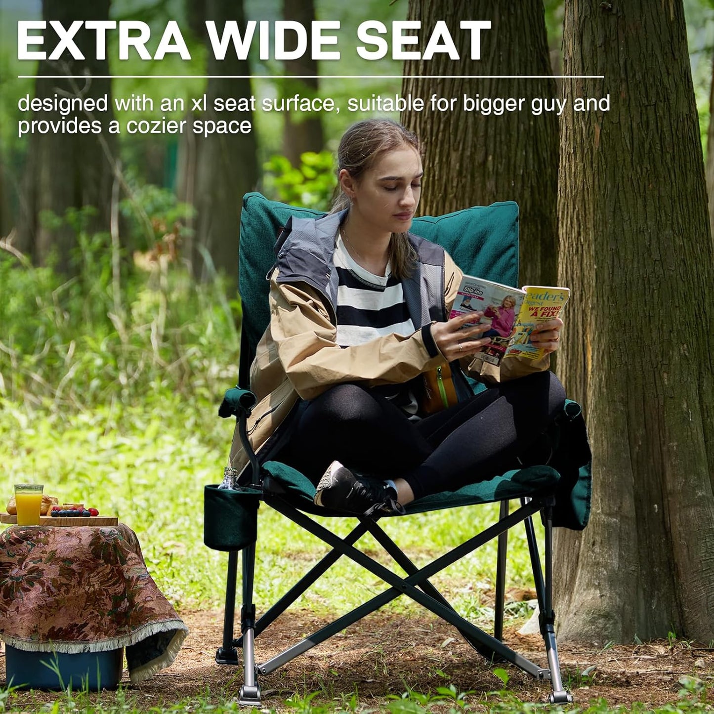 EVER ADVANCED Padded Oversized Folding Camping Chair for Adults, Heavy Duty Lawn Chair with Side Pockets, Portable Collapsible Quad Chair for Outside, Support Up to 500lbs, Green