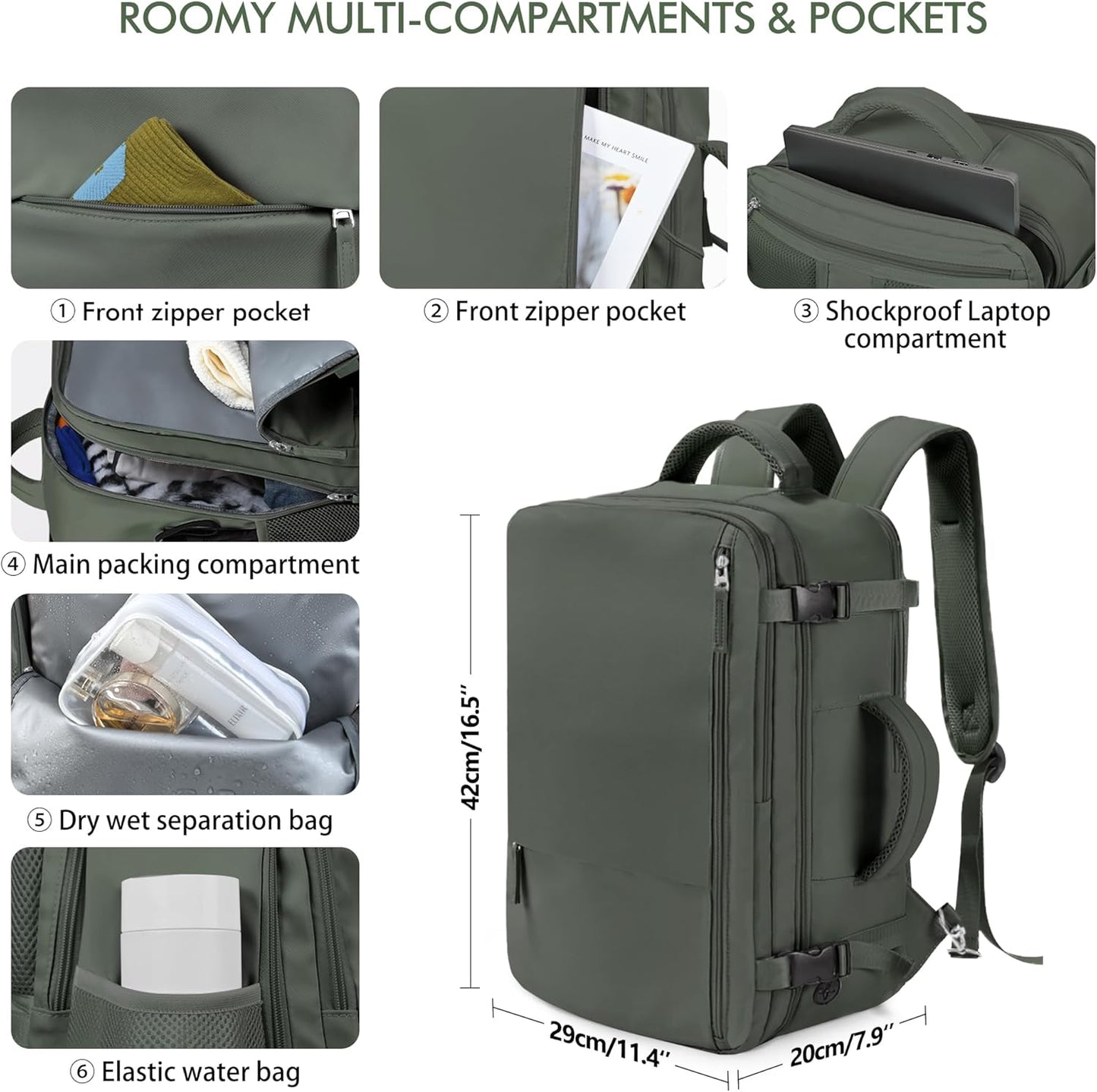 Beraliy Travel Backpack for Men Women, Carry On Backpack, 16 Inch Laptop Backpack, Waterproof Hiking Backpack, Casual Outdoor Daypack College Bag, Olive-green