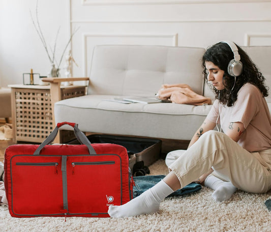 Bago Foldable Duffel Bags for Traveling Women & Men - 60L Medium Packable Duffle Bag for Travel with Shoe Compartment - Water Repellant, Heavy Duty, Lightweight Folding & Collapsible (Red)