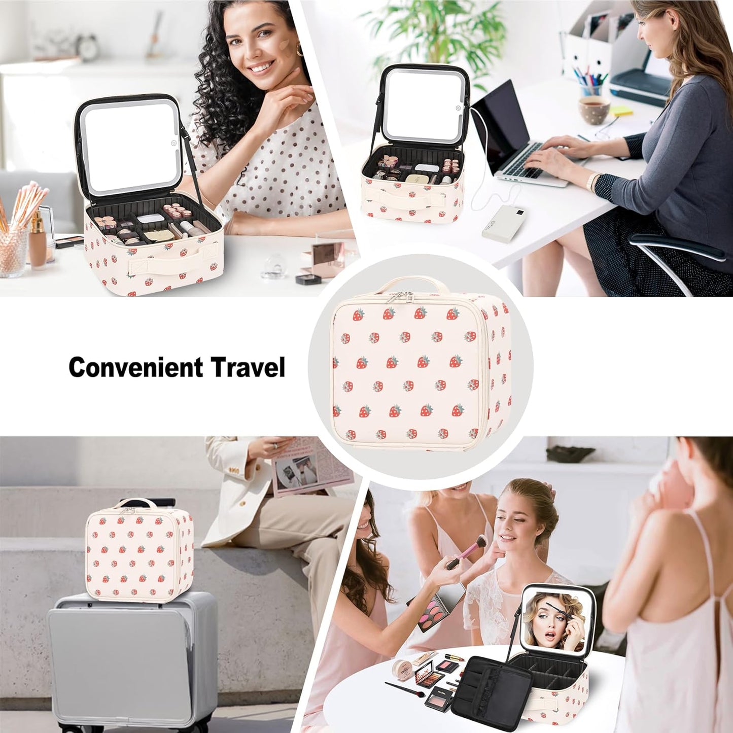 Makeup Bag With LED Mirror, Travel Makeup Case with Light up Mirror Fashion Cute Cosmetic Bag with 3 Color Lighted Portable Organizer Case with Adjustable Dividers (Strawberry/Beige,Small)