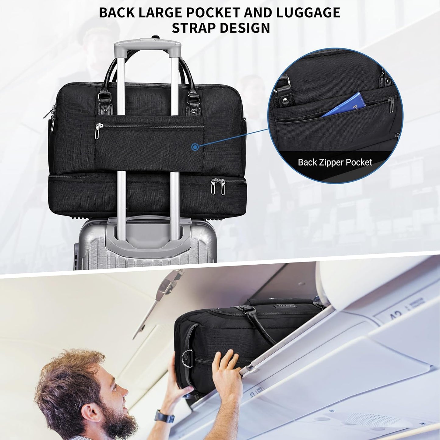 WITZMAN Weekender Bags for Men Women Carry On Duffle Overnight Bag with Toiletry Bag Sets Travel Duffel Bag Shoes Compartment (B694 Black)