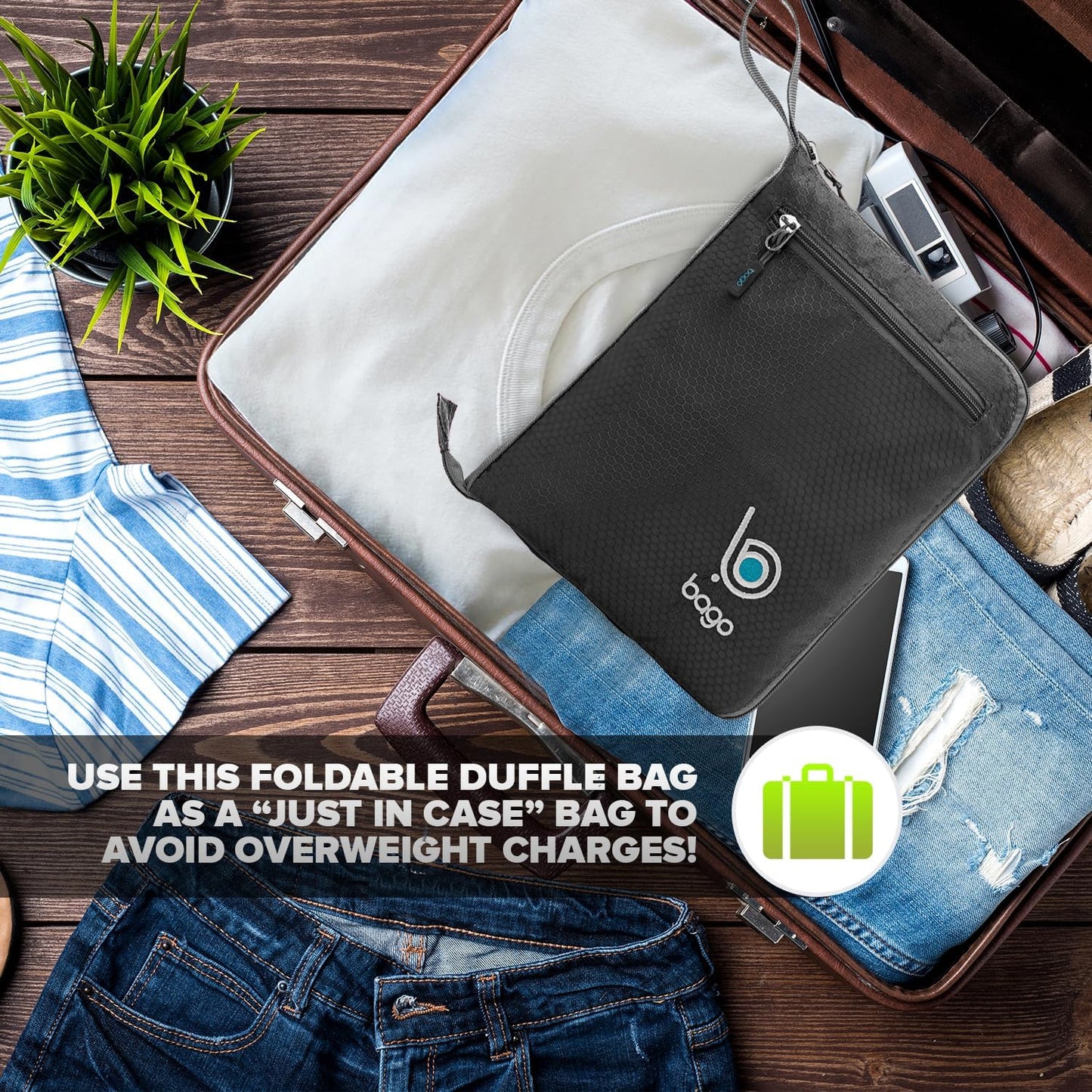 Bago Foldable Duffel Bags for Traveling Women & Men - 40L Sports Packable Duffle Bag for Travel with Shoe Compartment - Water Repellant, Heavy Duty, Lightweight Folding & Collapsible (Black)