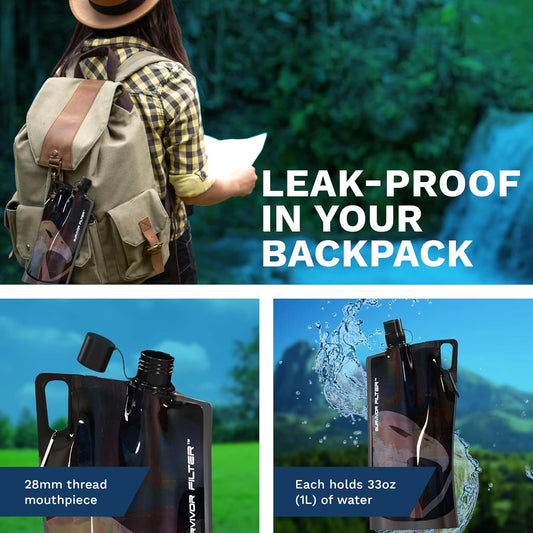 Survivor Filter Clear Collapsible Water Bottles - Travel, Hiking, Foldable, BPA-Free - 2 x