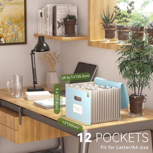 Accordion File Organizer, 13 Pockets Wheat Straw Expanding File Folder, Portable Monthly Paper Bill Tax Receipt Organizer, Letter A4 Size Document Holder with Colorful Tab - Sky Blue