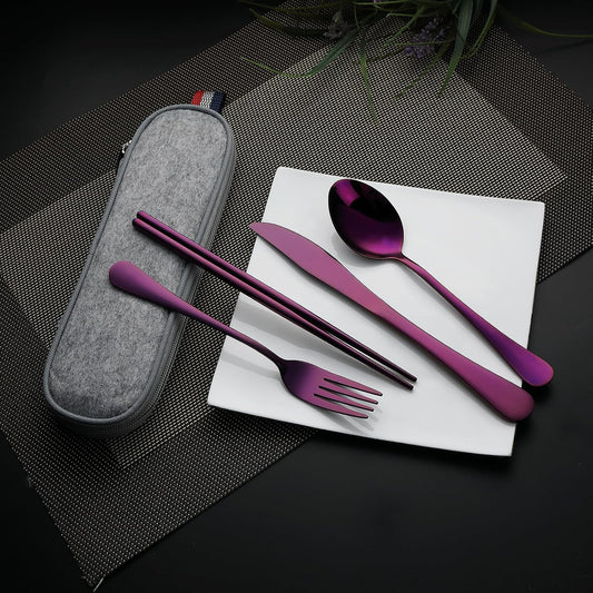 DEVICO Camping Utensils, Portable Travel Utensils with Case, Stainless Steel Reusable Silverware for Lunch Adult, 5Pcs Cutlery Set Includes Knife Spoon Fork Chopsticks and Case (Purple)